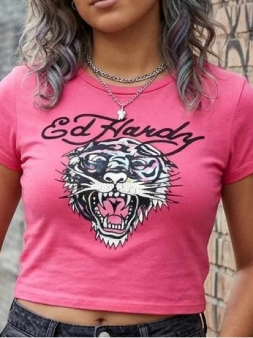 ED HARDY Sorbet Pink Tiger Graphic Crop Tee. Streetwear, Punk, Indie, Y2K. Sz XL